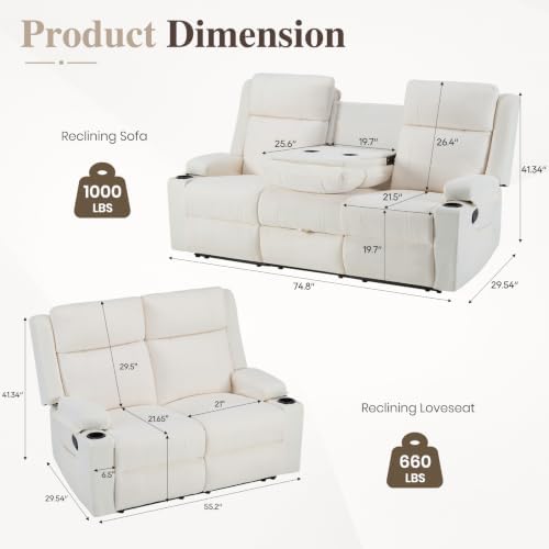 Reclining Sofa Set for Living Room, Loveseat Recliner Sofa & 3 Seater Manual - Image 2