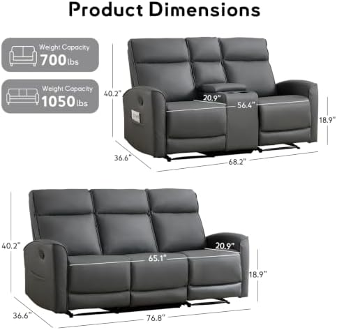 ANJ 2-Piece Premium Faux Leather Manual Reclining Sofa Set, Include Loveseat - Image 2