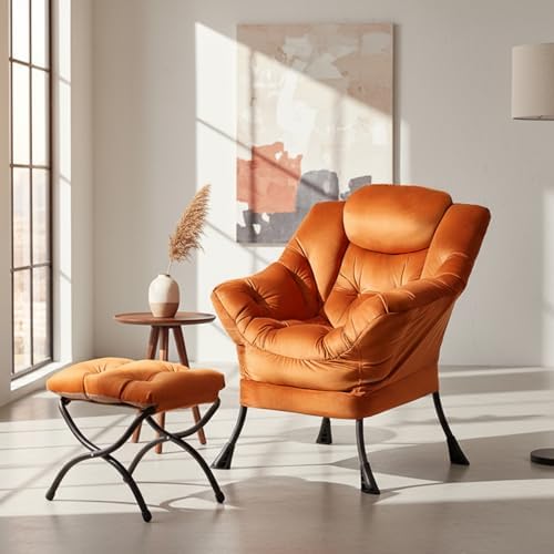 Tiita Lazy Chair with Ottoman, Comfy Reading Accent Chair, Velvet Orange - Image 3