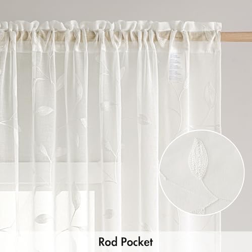MIULEE Ivory Sheer Curtains 2 Panels Embroidered Leaf Patterned, W52 x L84 - Image 6