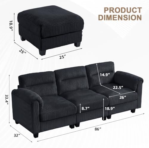 HAOMARKETS Corduroy 3-Piece Sofa Set, Upholstered Ottoman, Modern Loveseat and - Image 2