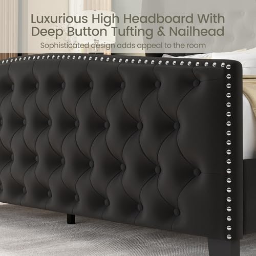 LARMACE California King Size Bed Frame Velvet Upholstered Platform Bed - Image 4