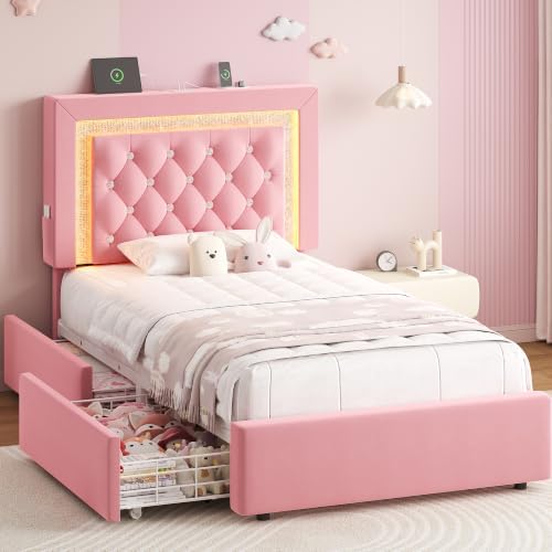 Twin Bed Frame with Storage Drawers and LED Lights, Velvet Upholstered Platform by JOCOEVOL