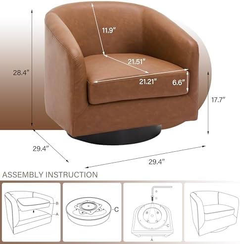 Pia Ricco Set of 2 Oversized Faux Leather 360° Swivel Barrel Accent Chair Brown - Image 2
