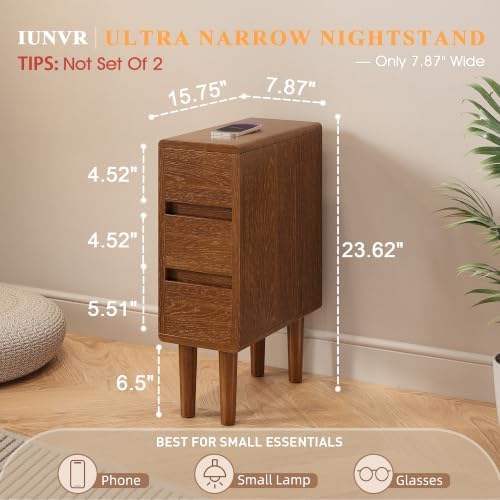 Narrow Nightstand with 3 Drawers Narrow Night Stand Solid Wood Bedside Table - Image 2