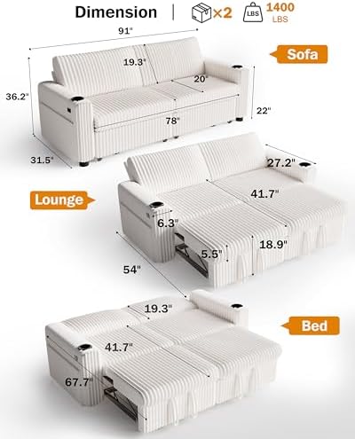 Sunny Heart 91" Plush Corduroy L Shaped Sectional Sleeper Sofa Bed - Image 3