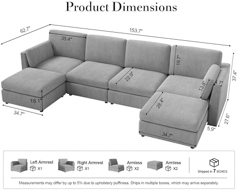 Oversized Modular Sectional Sofa U-Shaped Cloud Couches Gray - Image 2