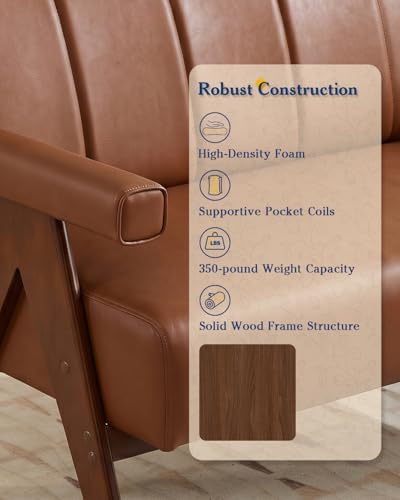 Mid Century Modern Brown Faux Leather Living Room Furniture Set of 2 - Image 6