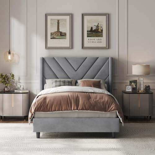 Yaheetech Twin Bed Frame with Chevron Channel-Tufted Headboard, Light Gray by Yaheetech