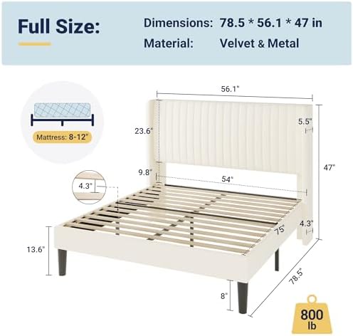 Allewie Full Size Velvet Bed Frame, Upholstered Wingback Headboard - Image 2