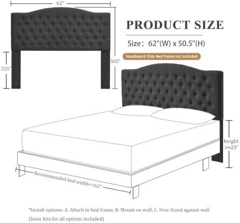 Furpopup Linen Queen Size Headboard Only, Upholstered Wall Mount, Dark Gray - Image 2