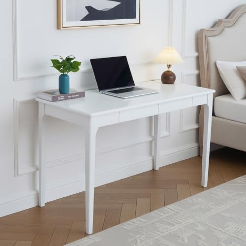 Solid Rubber Wood Desk with 2 Drawers, 47 Inch White Computer Writing Desk - Image 2