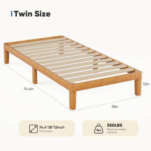 DUMOS Solid Wood Platform Twin Bed Frame, 12inch Wooden Mattress Foundation - Image 2