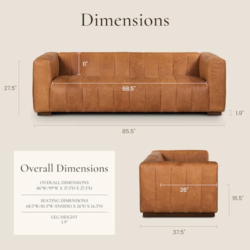 POLY & BARK Canale Sofa – 86" Channel-Tufted Italian Leather Couch – Cognac Tan - Image 3
