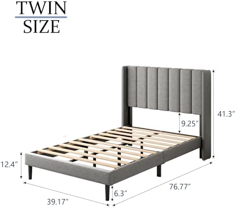 Gruwans Twin Bed Frames with Wingback Headboard, Upholstered Platform Beds - Image 2