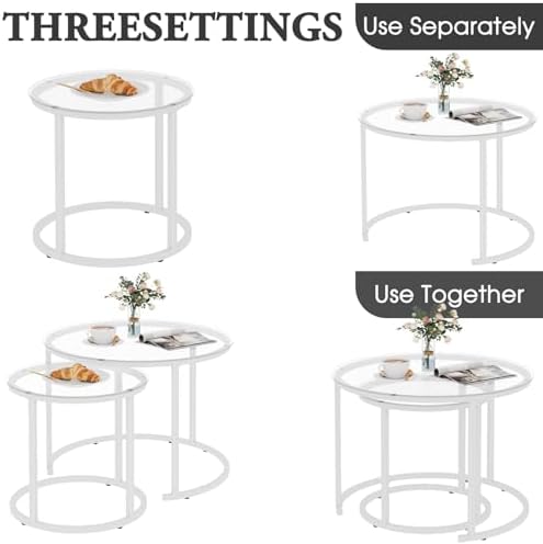 aboxoo White Nesting Glass Table Set of 2, Small Glass Round Nesting Tables - Image 5