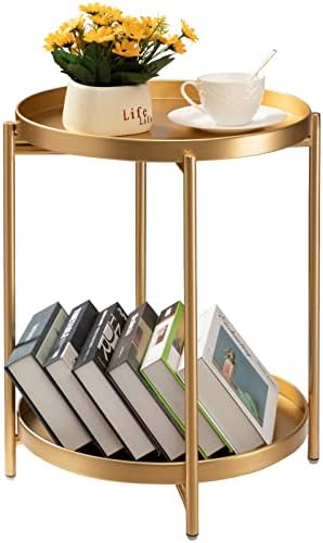 TeoKJ 2 Tier Gold Side Table, Folding Round Metal End Table Small Nightstand by TeoKJ