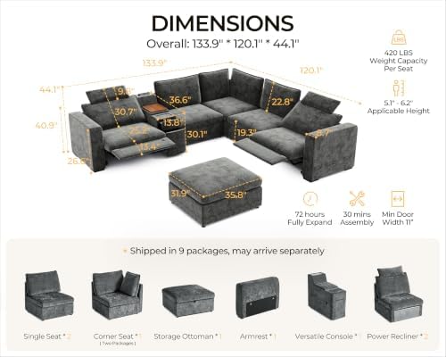 134" Modular Power Reclining Couch 6 Seater L-Shaped - Image 2