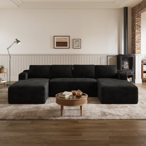 Novilla 118'' U-Shape Modular Sectional Sofa, Corduroy Black by Novilla
