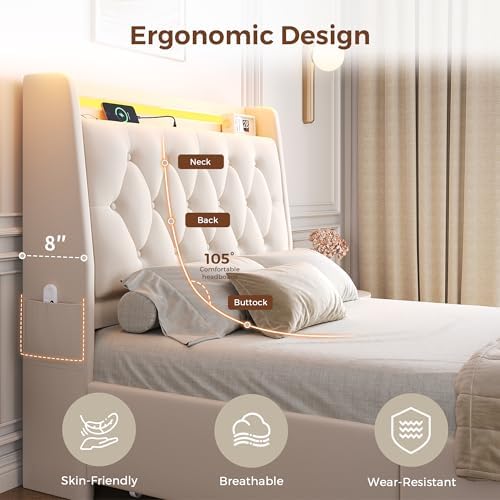 Twin LED Velvet Bed Frame with 2 Storage Drawers&Hidden Headboard, Upholstered - Image 5