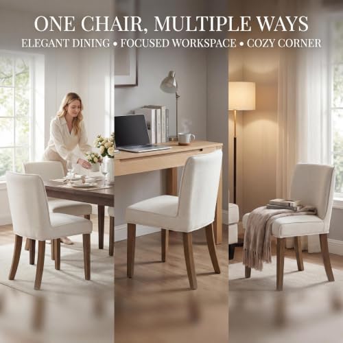 Mid-Century Dining Chairs Set of 4, Linen Fabric Solid White Kitchen Chairs - Image 6