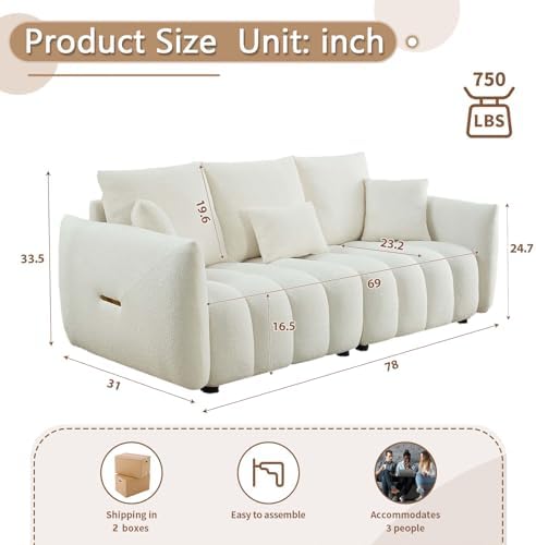 Antetek 78" Modern Sofa Couch, Comfy Deep Seat Teddy Fabric Cloud Sofa - Image 2
