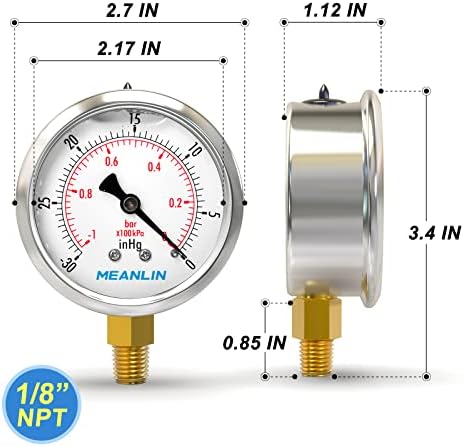 MEANLIN MEASURE -30inHG~0Psi Stainless Steel 1/8" NPT 2.5" FACE DIAL Vacuum - Image 2