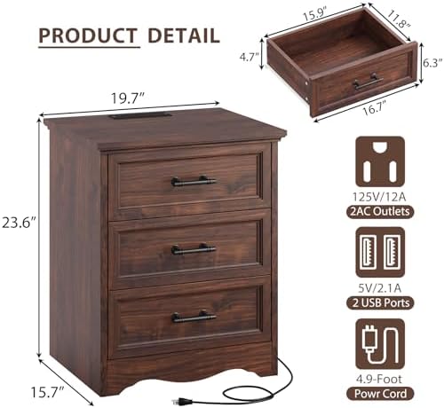 YANSNWO Walnut Nightstand with Charging Station, 19.7" 3-Drawer End Table - Image 3