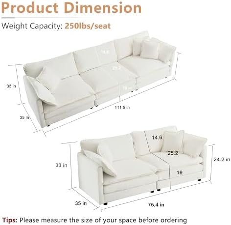 mikibama Luxury 2 Piece Cloud Couches Set, Modern Upholstered Chenille 3 Seater - Image 2