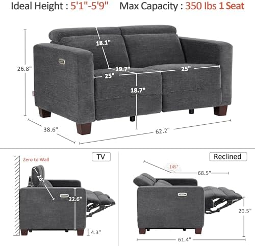 MCombo Zero Wall Hugger Power Loveseat Recliner Sofa - Image 3