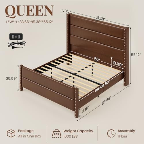 Queen Size 55" Tall Faux Leather Platform Bed Frame - Image 2
