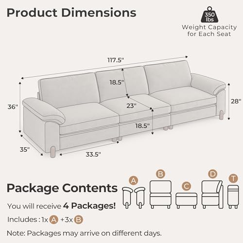 SITJOY Cloud Couch Sectional, 3 Seater Sofa, Chenille in Light Gray - Image 2