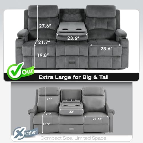 Loveseat Recliner Sofa, Flip-Down Middle Backrest Design, Oversized 3-Seater - Image 4