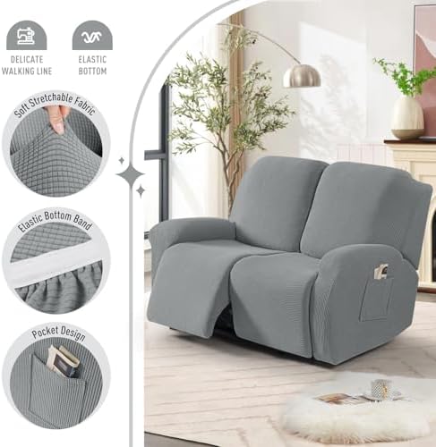 TAOCOCO Stretch Loveseat Recliner Covers 6 Piece, Dusty Grey - Image 3