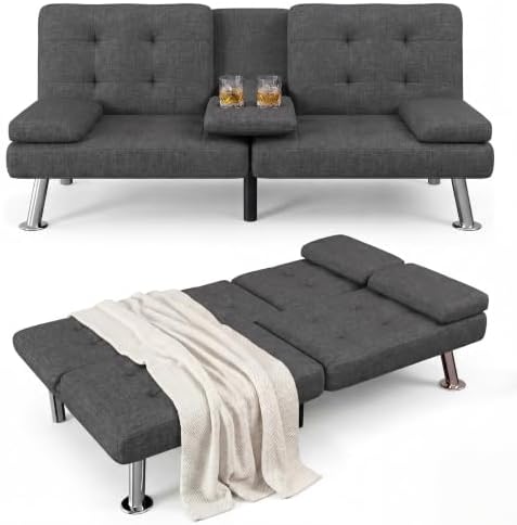 Flamaker Futon Sofa Bed, Modern Linen Convertible Folding Futon Set by Flamaker