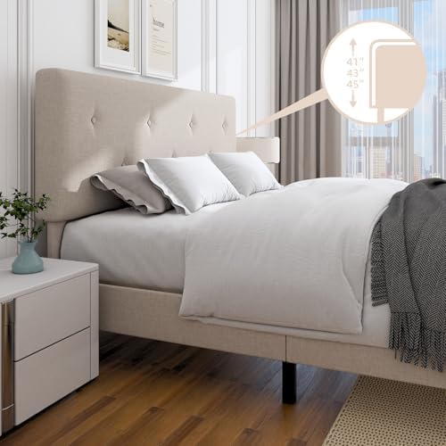 Full Size Linen Bed Frame with Adjustable Headboard Beige - Image 4