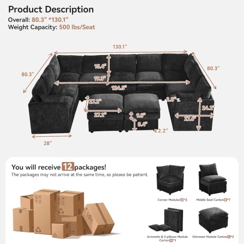 130" Black Oversized Modular Storage Sofa, U Shaped Chenille Cloud Couch - Image 2
