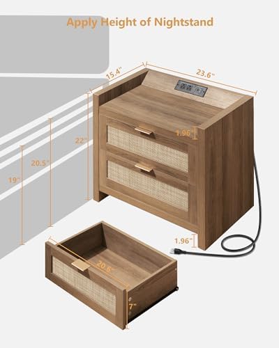 SICOTAS Night Stand with 2 Large Drawers : Rattan Bedside Table - Image 2