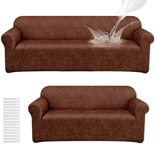 Peryiter 2 Pcs Couch and Loveseat Sofa Covers, Dark Brown by Peryiter