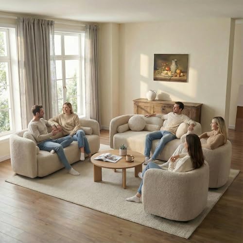 4-Piece Beige Boucle Sofa Set, 2 Loveseats & 2 Accent Chairs by Alyncasa