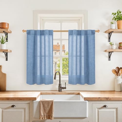 YoungsTex Blue Linen Kitchen Window Over Sink Curtains 36 Inch Length by YoungsTex