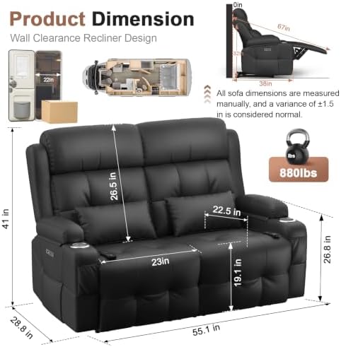 Reclining Loveseat Sofa, RV Loveseats Recliner Sofas Wall Hugger, Double - Image 2