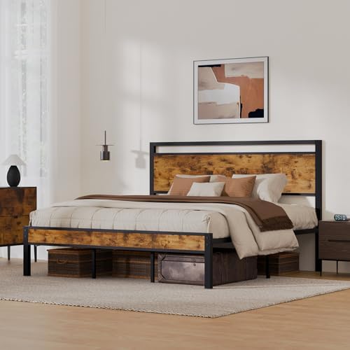King Metal Bed Frame&Wood Headboard, Footboard&Underbed Space, Vintage Brown - Image 3