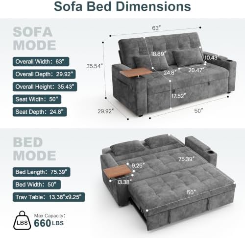 63" Convertible Sofa Bed Loveseat Sleeper Sofa - Image 2
