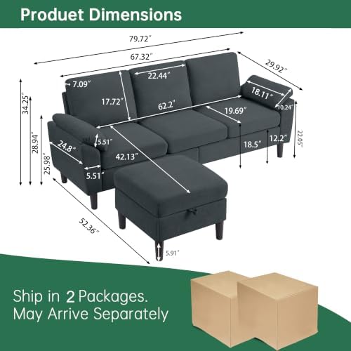 80" L Shaped Couch with Storage, Small Sectional Couches - Image 2