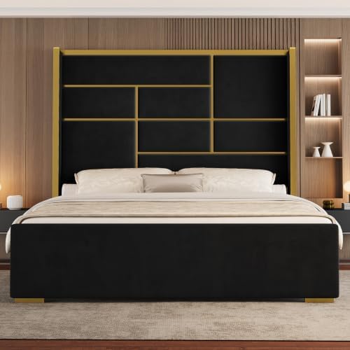Queen Bed Frame with Gold Trim Headboard, 66.9" Tall Bed by UTEERAN