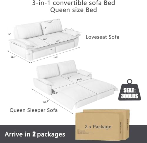 73.2" Convertible Queen Size Futon Sofa Bed, 3-in-1 Pull Out Sleeper Sofa Bed - Image 3
