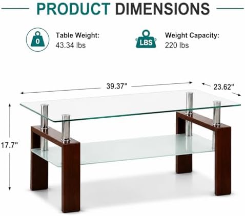 IANIYA Black Walnut Rectangle Tempered Glass Coffee Table Metal Tube Legs End - Image 2