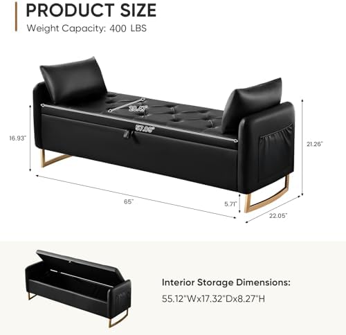 Storage Bench for Bedroom, 65 Inch End of Bed Storage Bench Black - Image 2