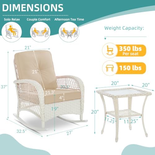 MEETWARM 3 Pieces Patio Conversation Set, Rattan Outdoor Rocking Patio Bistro - Image 4